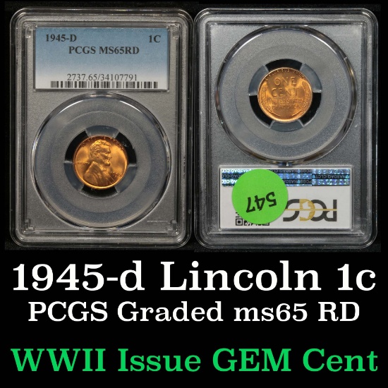 PCGS 1945-d Lincoln Cent 1c Graded ms65 RD By PCGS