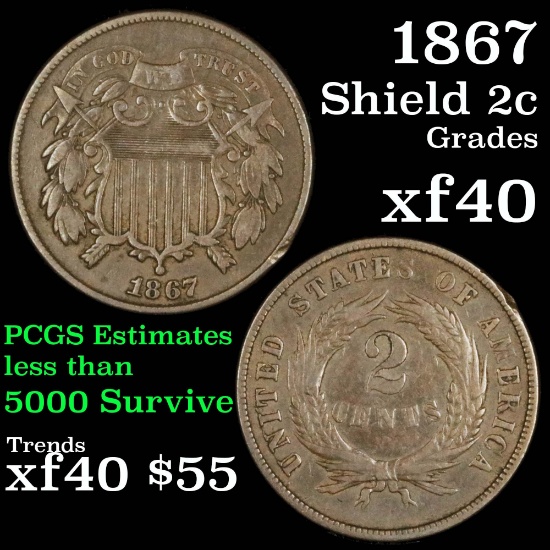 1867 2 Cent Piece 2c Grades xf