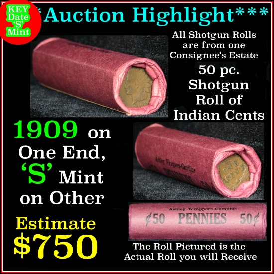 ***Auction Highlight*** Indian 1c Shotgun Roll, 1909 end, KEY date 's' mint on the other, Wow!