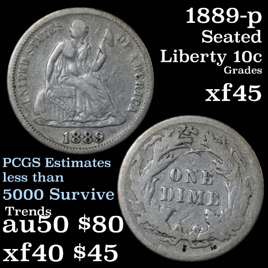 1889-p Seated Liberty Dime 10c Grades xf+