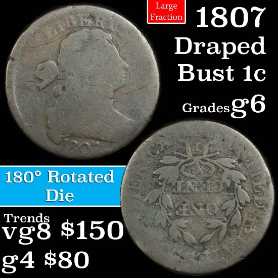 1807 Lg fraction Draped Bust Large Cent 1c Grades g+