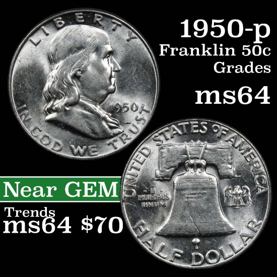 1950-p Franklin Half Dollar 50c Grades Choice Unc
