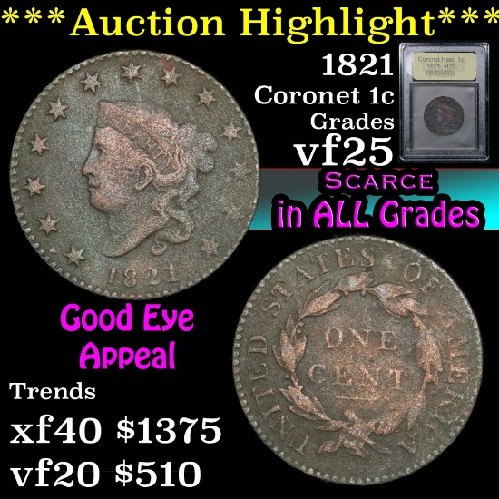 ***Auction Highlight*** 1821 Coronet Head Large Cent 1c Graded vf+ By USCG (fc)