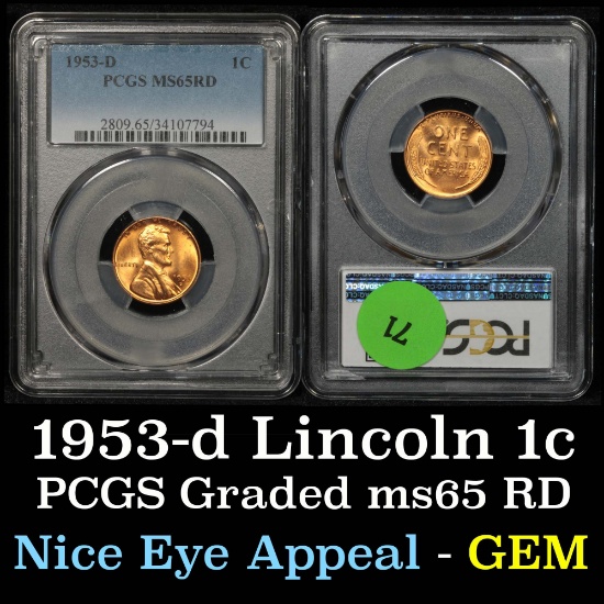 PCGS 1953-d Lincoln Cent 1c Graded ms65 RD By PCGS