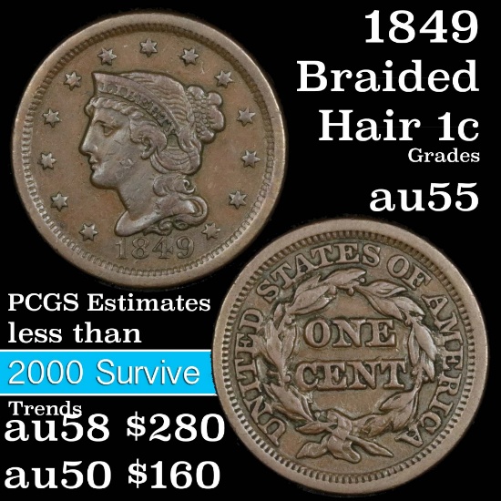 1849 Braided Hair Large Cent 1c Grades Choice AU