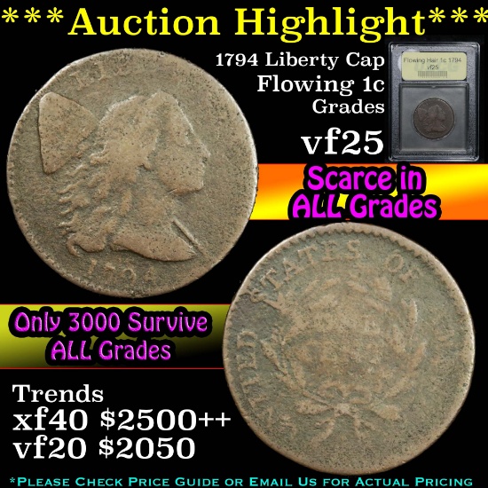 ***Auction Highlight*** 1794 Liberty Cap Flowing Hair large cent 1c Graded vf+ by USCG (fc)