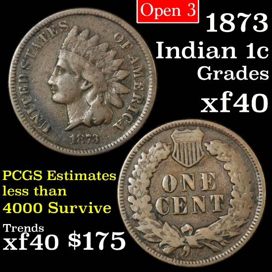 1873 Open 3 Indian Cent 1c Grades xf