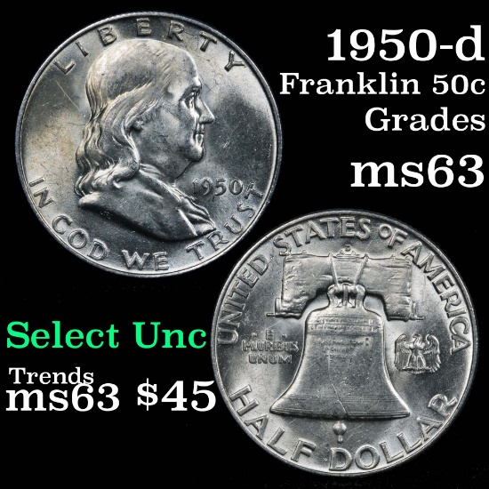 1950-d Franklin Half Dollar 50c Grades Select Unc