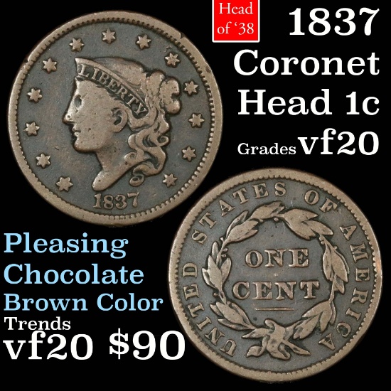 1837 Head of '38 Coronet Head Large Cent 1c Grades vf, very fine