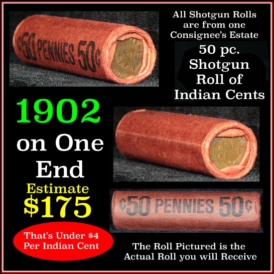 Indian Head Penny 1c Shotgun Roll, 1902 on one end, reverse on the other