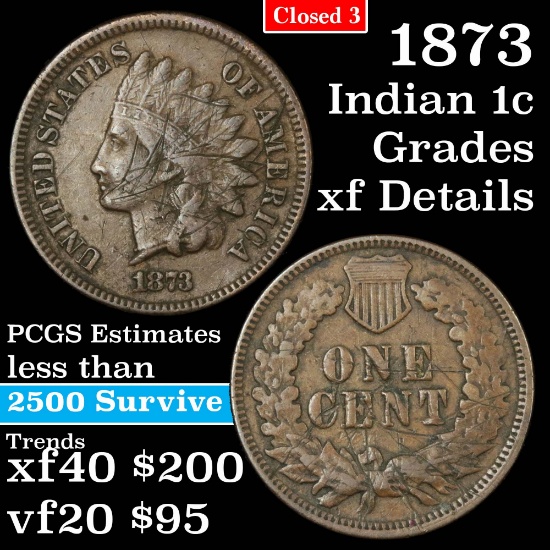 1873 Closed 3 Indian Cent 1c Grades xf details