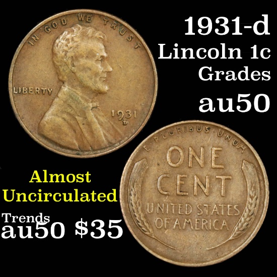 1931-d Lincoln Cent 1c Grades AU, Almost Unc