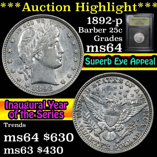 ***Auction Highlight*** 1892-p Barber Quarter 25c Graded Choice Unc by USCG (fc)