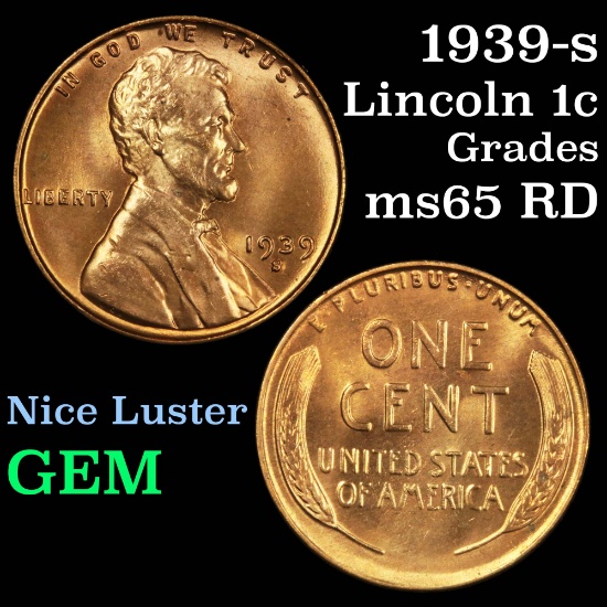 1939-s Lincoln Cent 1c Grades GEM Unc RD
