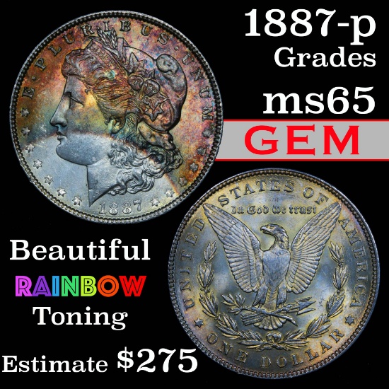 Beautiful rainbow toning 1887-p Morgan Dollar $1 Grades GEM Unc