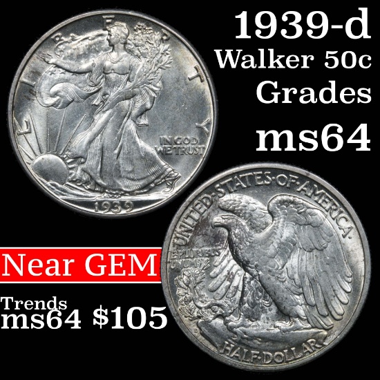 1939-d Walking Liberty Half Dollar 50c Grades Choice Unc