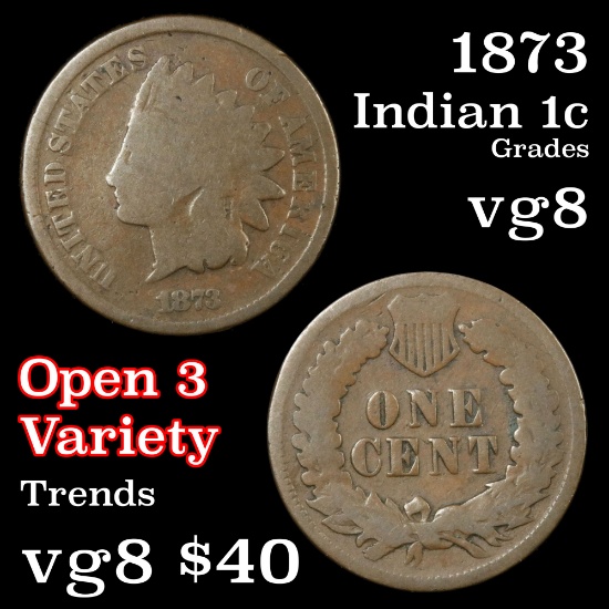 1873 Open 3 Indian Cent 1c Grades vg, very good