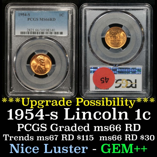 PCGS 1954-s Lincoln Cent 1c Graded ms66 RD By PCGS