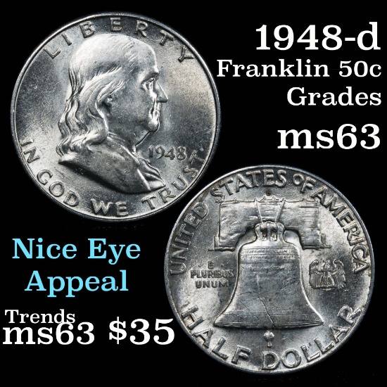 1948-d Franklin Half Dollar 50c Grades Select Unc