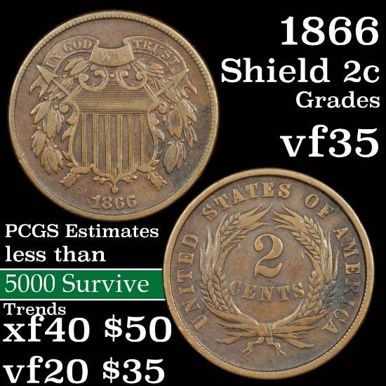 1866 2 Cent Piece 2c Grades vf++