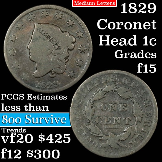 1829 Med letters Coronet Head Large Cent 1c Grades f+ (fc)