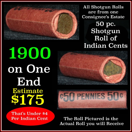 Indian Head Penny 1c Shotgun Roll, 1900 on one end, reverse on the other