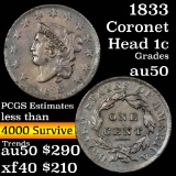 1833 Coronet Head Large Cent 1c Grades AU, Almost Unc (fc)