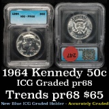 1964-p Kennedy Half Dollar 50c Graded pr68 By ICG