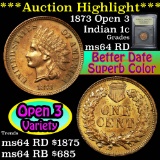 ***Auction Highlight*** 1873 Open 3 Indian Cent 1c Graded Choice Unc RD by USCG (fc)