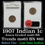 ANACS 1907 Indian Cent 1c Graded ms63 BN By ANACS