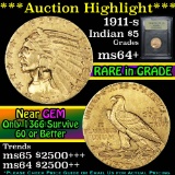 ***Auction Highlight*** 1911-s Gold Indian Half Eagle $5 Graded Choice+ Unc by USCG (fc)