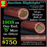 ***Auction Highlight*** Indian 1c Shotgun Roll, 1908 end, KEY date 's' mint on the other, Wow! (fc)