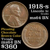 1918-s Lincoln Cent 1c Grades Choice Unc BN (fc)