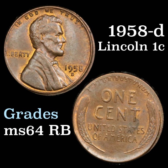 1958-d Lincoln Cent 1c Grades Choice Unc RB