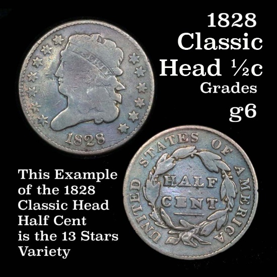 1828 Classic Head Half cent 1/2c Grades g+