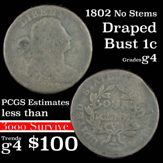 1802 No Stems Draped Bust Large Cent 1c Grades g, good