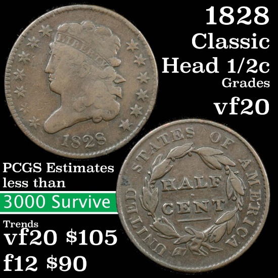 1828 Classic Head half cent 1/2c Grades vf, very fine