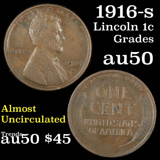 1916-s Lincoln Cent 1c Grades AU, Almost Unc