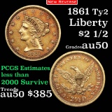 1861 Type 2 Gold Liberty Quarter Eagle $2 1/2 Grades AU, Almost Unc