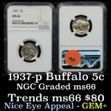 NGC 1937-p Buffalo Nickel 5c Graded ms66 By NGC