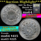 ***Auction Highlight*** 1867 No Rays Shield Nickel 5c Graded Choice Unc By USCG (fc)