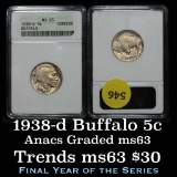 ANACS 1938-d Buffalo Nickel 5c Graded ms63 by ANACS