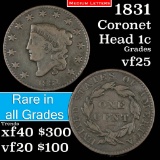 1831 Med Letters Coronet Head Large Cent 1c Grades vf+