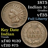 1875 Indian Cent 1c Grades vf++