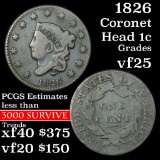 1826 Coronet Head Large Cent 1c Grades vf+