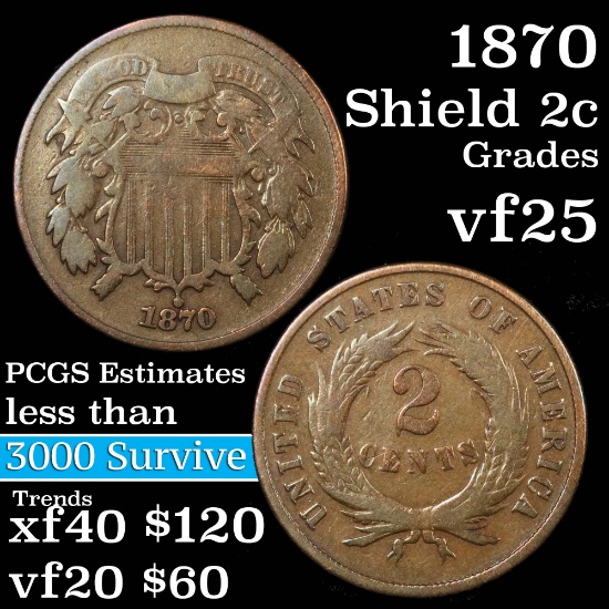 1870 2 Cent Piece 2c Grades vf+