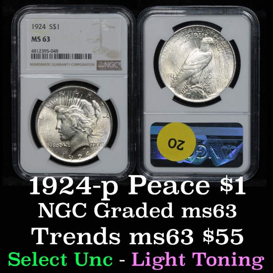 NGC 1924-p Peace Dollar $1 Graded ms63 By NGC