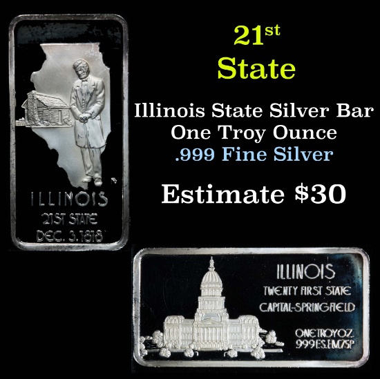 Illinois 21st State Capital Springfield 1 oz Silver Bar (.999 Pure)