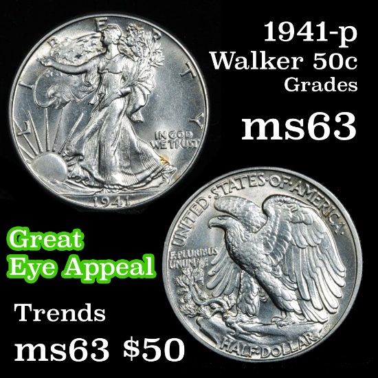 1941-p Walking Liberty Half Dollar 50c Grades Select Unc