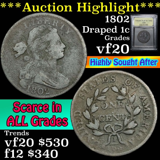 ***Auction Highlight*** 1802 Draped Bust Large Cent 1c Graded vf, very fine By USCG (fc)